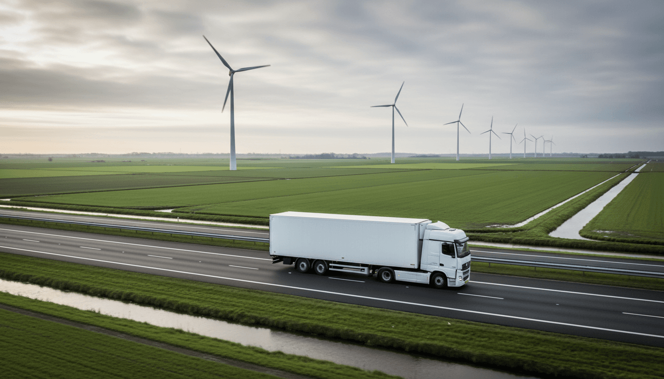 European cab-over semi truck on Dutch motorway with wind turbines and green landscape